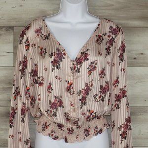 Moa Moa* Women's Long Sleeve V-Neck Button Down Wrinkle Style Smock Blouse~Large